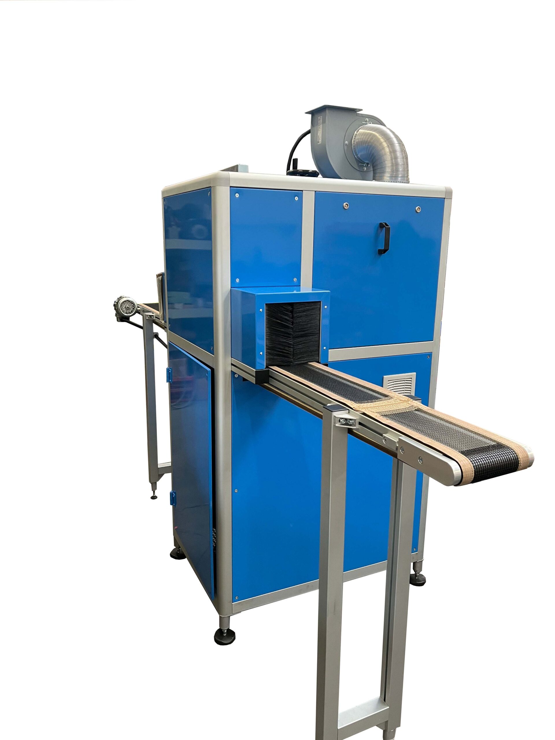UV system for screen printing on glass bottles, with conveyor and overhead extraction